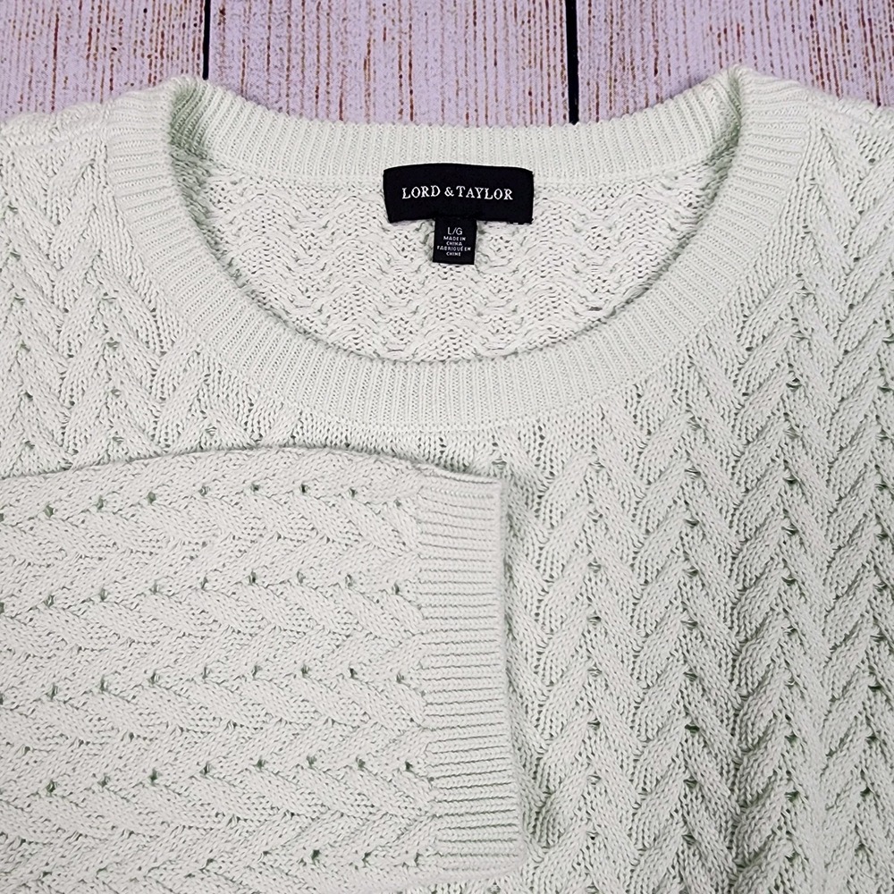 Lord & Taylor Mint Sweater Womens LARGE Cable Knit 3/4 Sleeve
